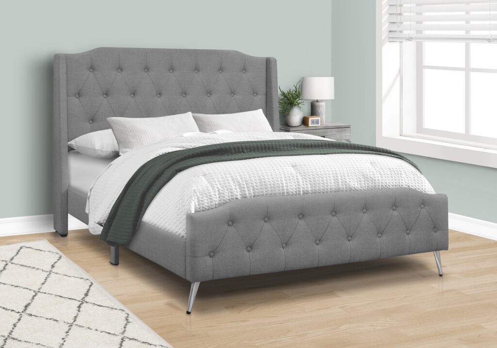 Bed, Queen Size, Bedroom, Upholstered, Grey Linen Look, Chrome Metal Legs, Transitional
