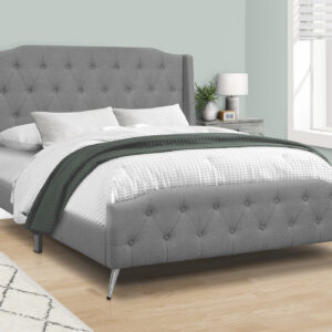 Bed, Queen Size, Bedroom, Upholstered, Grey Linen Look, Chrome Metal Legs, Transitional