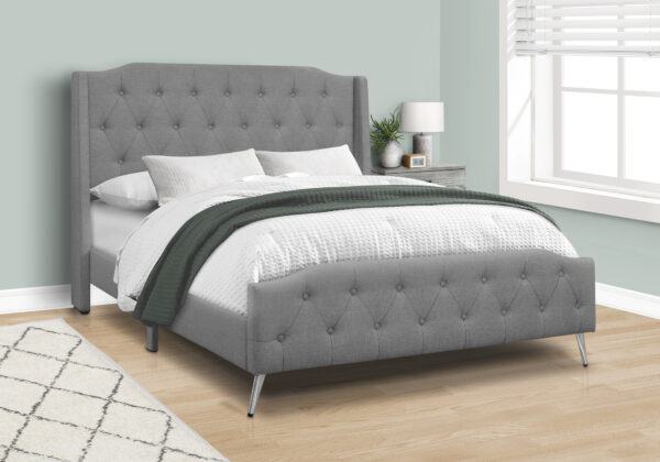 Bed, Queen Size, Bedroom, Upholstered, Grey Linen Look, Chrome Metal Legs, Transitional