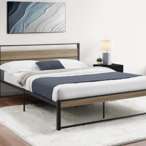 Bed, Bedroom, Frame Only, Platform Bed, Queen Size, Dark Taupe Laminate, Black Metal, Contemporary, Modern