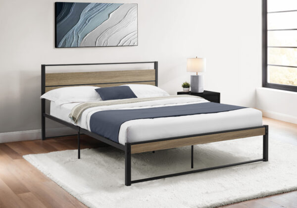 Bed, Bedroom, Frame Only, Platform Bed, Queen Size, Dark Taupe Laminate, Black Metal, Contemporary, Modern