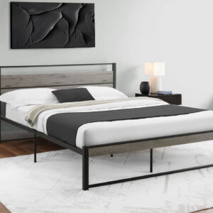 Bed, Bedroom, Frame Only, Platform Bed, Queen Size, Grey Laminate, Black Metal, Contemporary, Modern