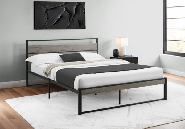 Bed, Bedroom, Frame Only, Platform Bed, Queen Size, Grey Laminate, Black Metal, Contemporary, Modern