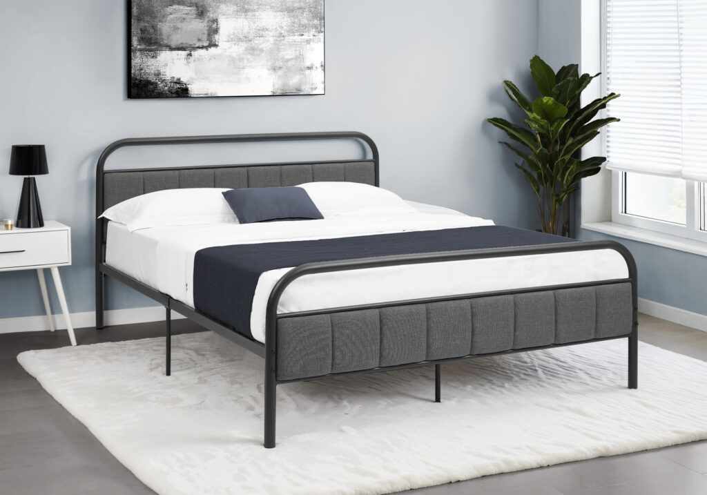 Bed, Queen Size, Upholstered, Bedroom, Platform Bed, Frame Only, Grey Linen Look, Black Metal, Contemporary, Modern