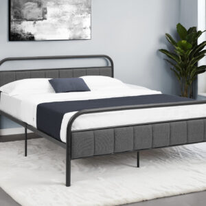 Bed, Queen Size, Upholstered, Bedroom, Platform Bed, Frame Only, Grey Linen Look, Black Metal, Contemporary, Modern