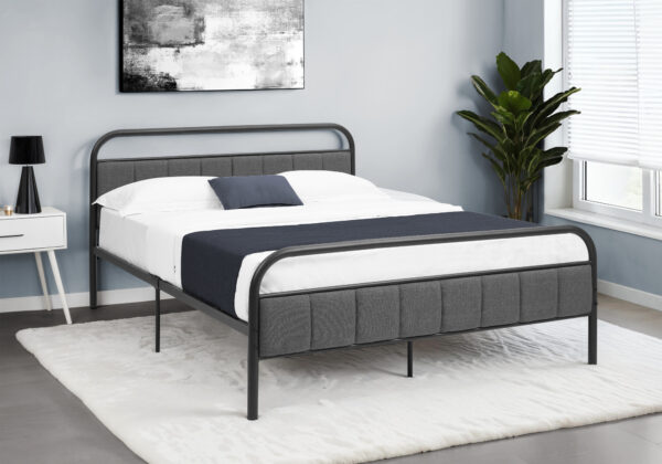 Bed, Queen Size, Upholstered, Bedroom, Platform Bed, Frame Only, Grey Linen Look, Black Metal, Contemporary, Modern