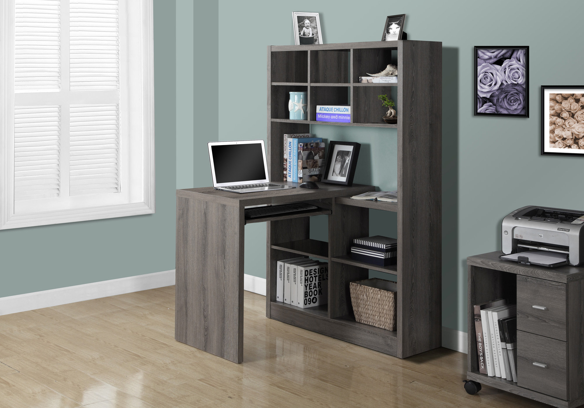 Computer Desk, Home Office, Bookcase, Corner, Storage Shelves, Left, Right Set-up, L Shape, Work, Laptop, Brown Laminate, Contemporary, Modern