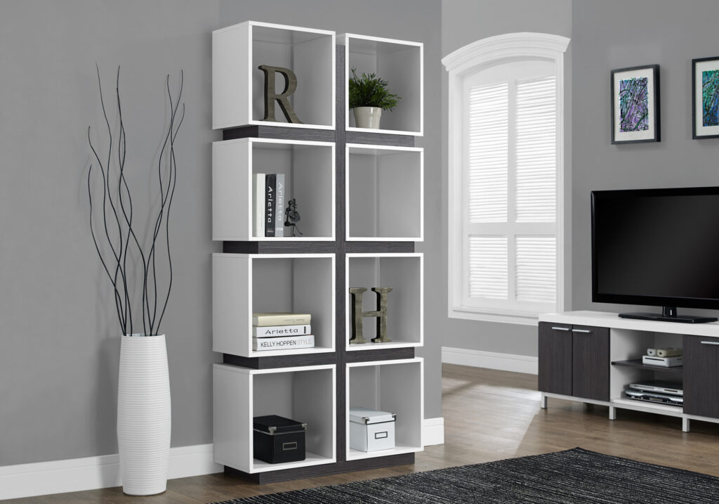 Bookshelf, Bookcase, Etagere, 5 Tier, 71″H, Office, Bedroom, Grey And White Laminate, Contemporary, Modern