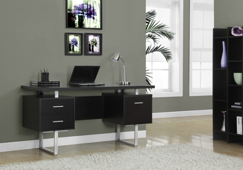 Computer Desk, Home Office, Laptop, Left, Right Set-up, Storage Drawers, 60″L, Work, Brown Laminate, Grey Metal, Contemporary, Modern