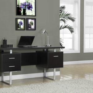 Computer Desk, Home Office, Laptop, Left, Right Set-up, Storage Drawers, 60"L, Work, Brown Laminate, Grey Metal, Contemporary, Modern