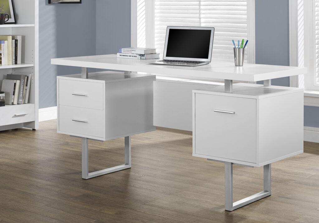 Computer Desk, Home Office, Laptop, Left, Right Set-up, Storage Drawers, 60″L, Work, White Laminate, Grey Metal, Contemporary, Modern