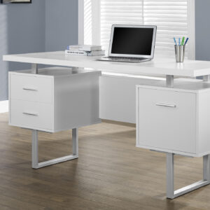 Computer Desk, Home Office, Laptop, Left, Right Set-up, Storage Drawers, 60"L, Work, White Laminate, Grey Metal, Contemporary, Modern