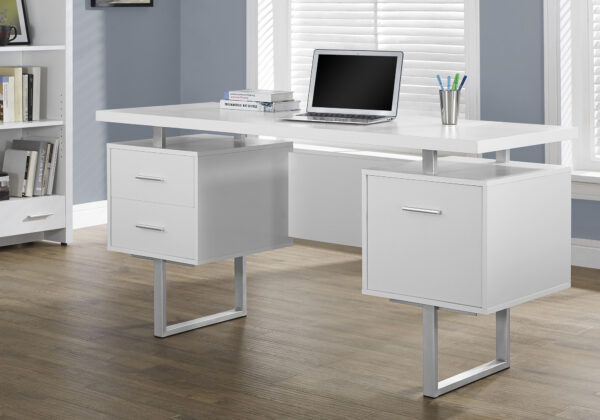 Computer Desk, Home Office, Laptop, Left, Right Set-up, Storage Drawers, 60″L, Work, White Laminate, Grey Metal, Contemporary, Modern