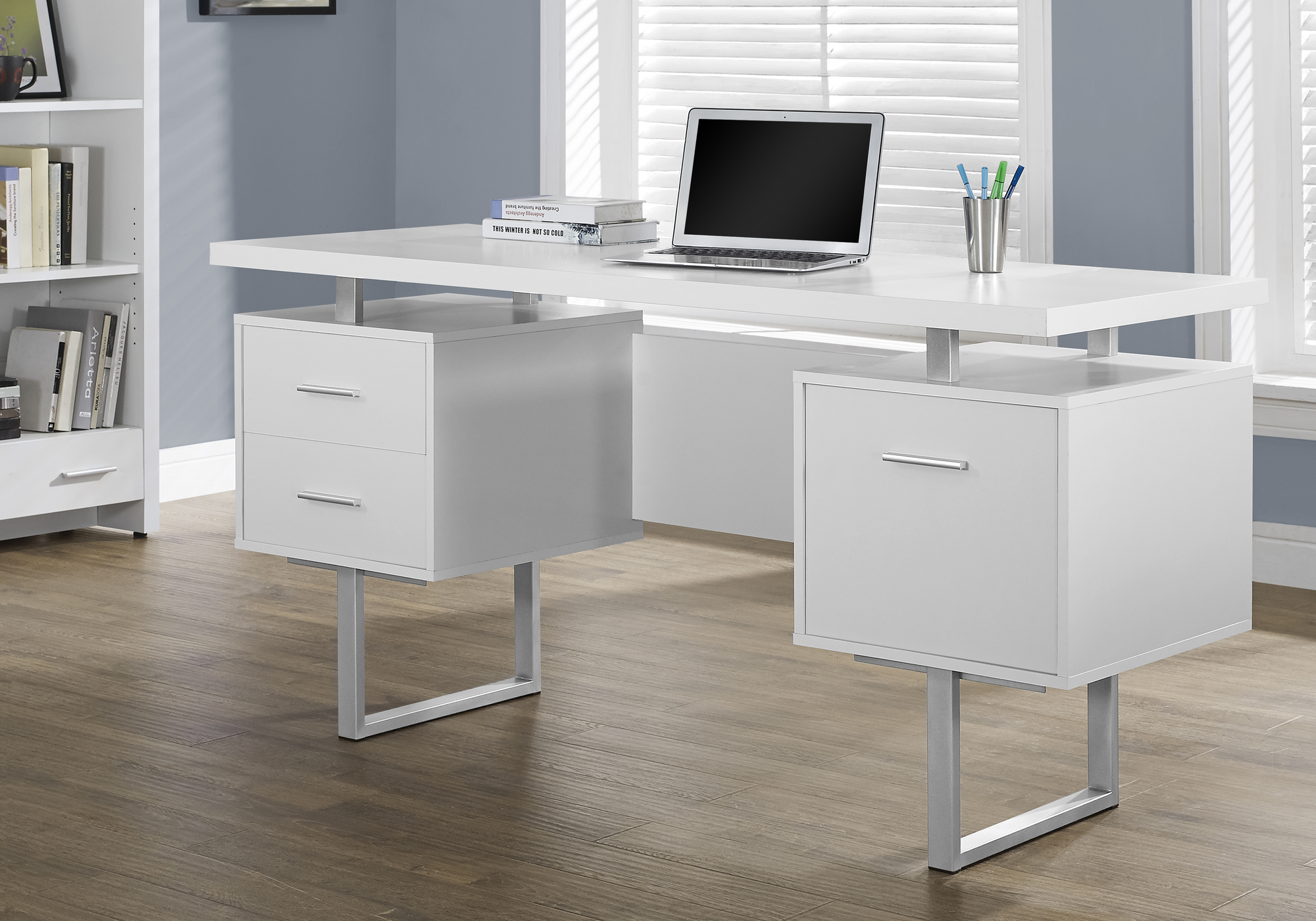 Computer Desk, Home Office, Laptop, Left, Right Set-up, Storage Drawers, 60″L, Work, White Laminate, Grey Metal, Contemporary, Modern