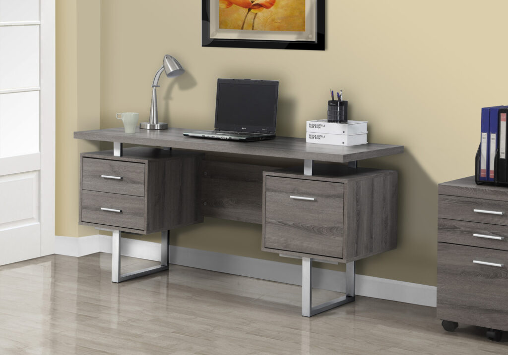 Computer Desk, Home Office, Laptop, Left, Right Set-up, Storage Drawers, 60″L, Work, Brown Laminate, Grey Metal, Contemporary, Modern