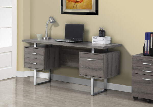 Computer Desk, Home Office, Laptop, Left, Right Set-up, Storage Drawers, 60″L, Work, Brown Laminate, Grey Metal, Contemporary, Modern