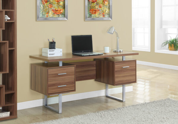 Computer Desk, Home Office, Laptop, Left, Right Set-up, Storage Drawers, 60″L, Work, Walnut Laminate, Grey Metal, Contemporary, Modern