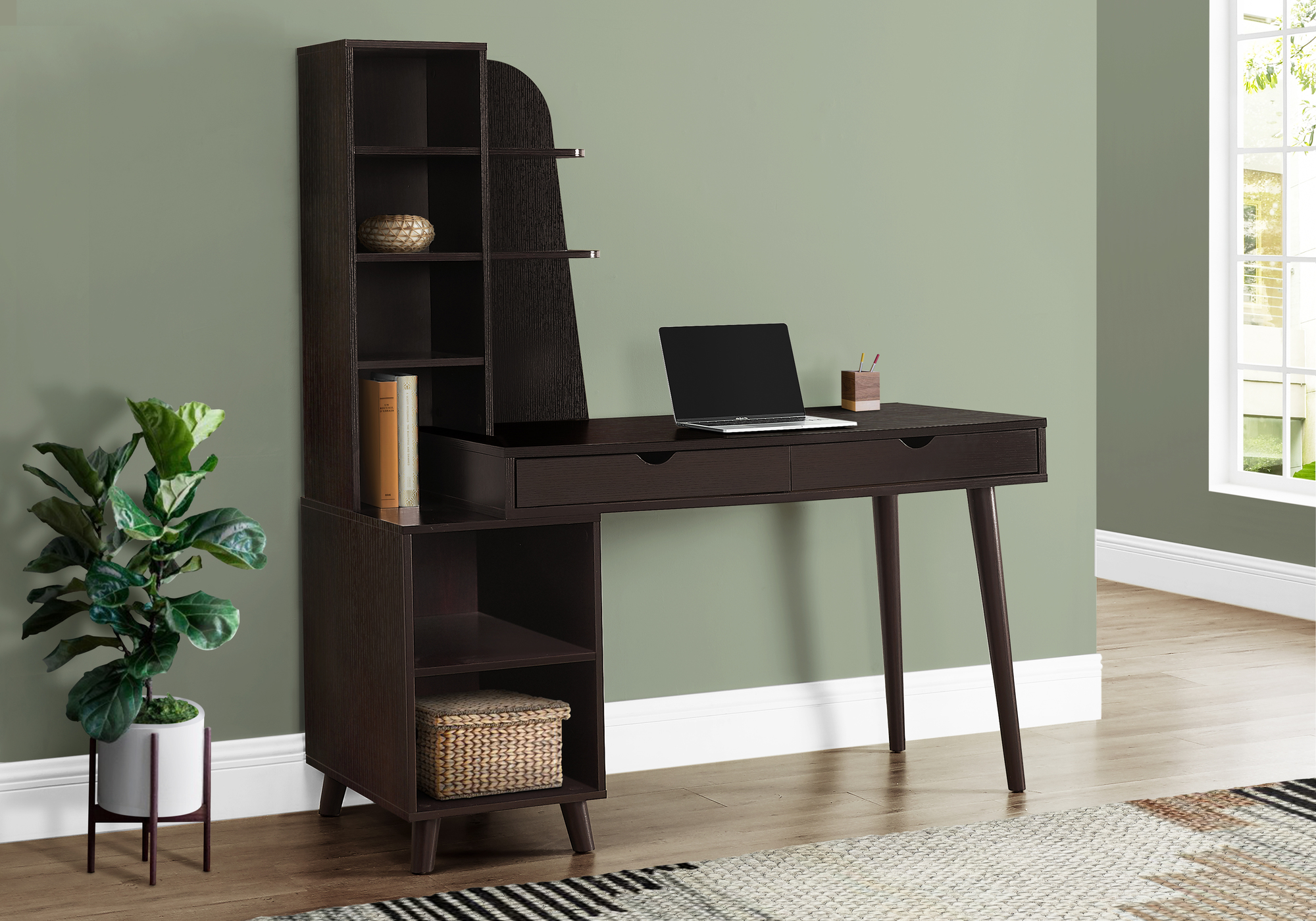 Computer Desk, Home Office, Laptop, Storage Drawers, 55″L, Work, Brown Laminate, Solid Wood Legs, Transitional