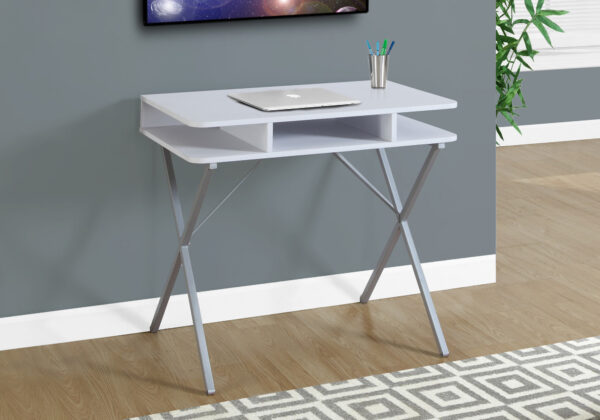 Computer Desk, Home Office, Laptop, Storage Shelves, 31″L, Work, White Laminate, Grey Metal, Contemporary, Modern