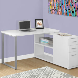 Computer Desk, Home Office, Corner, Left, Right Set-up, Storage Drawers, L Shape, Work, Laptop, White Laminate, Grey Metal, Contemporary, Modern