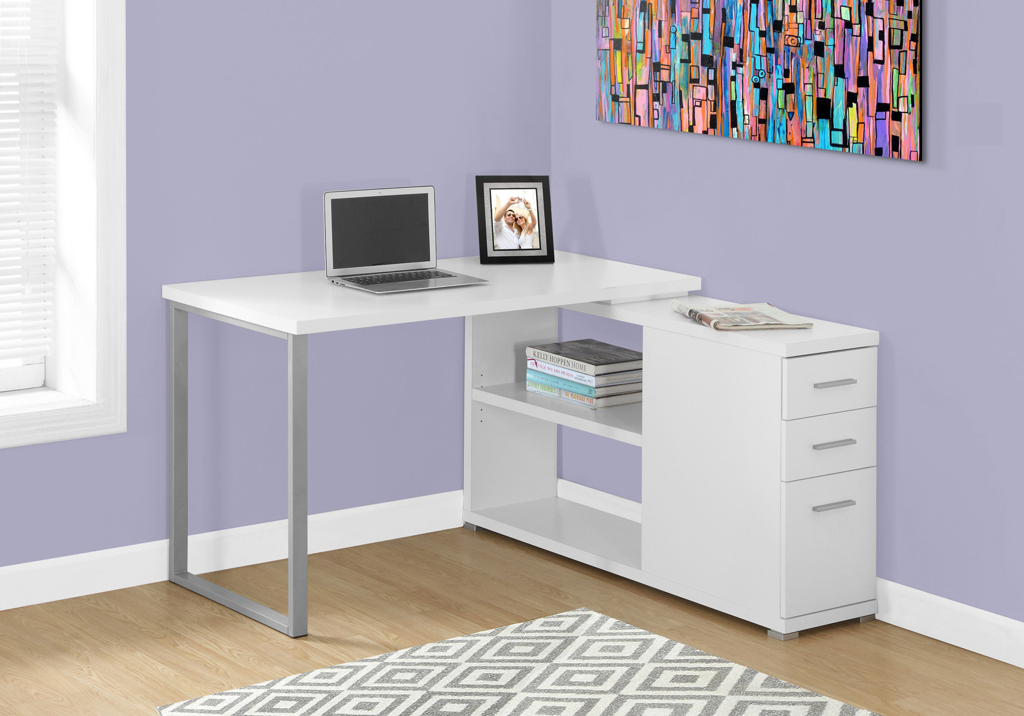 Computer Desk, Home Office, Corner, Left, Right Set-up, Storage Drawers, L Shape, Work, Laptop, White Laminate, Grey Metal, Contemporary, Modern