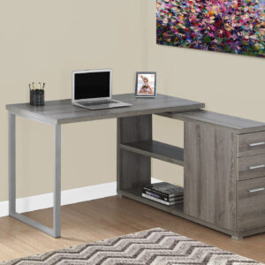 Computer Desk, Home Office, Corner, Left, Right Set-up, Storage Drawers, L Shape, Work, Laptop, Brown Laminate, Grey Metal, Contemporary, Modern