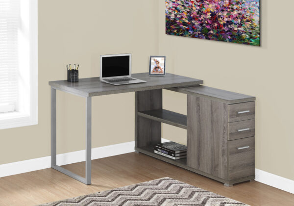 Computer Desk, Home Office, Corner, Left, Right Set-up, Storage Drawers, L Shape, Work, Laptop, Brown Laminate, Grey Metal, Contemporary, Modern