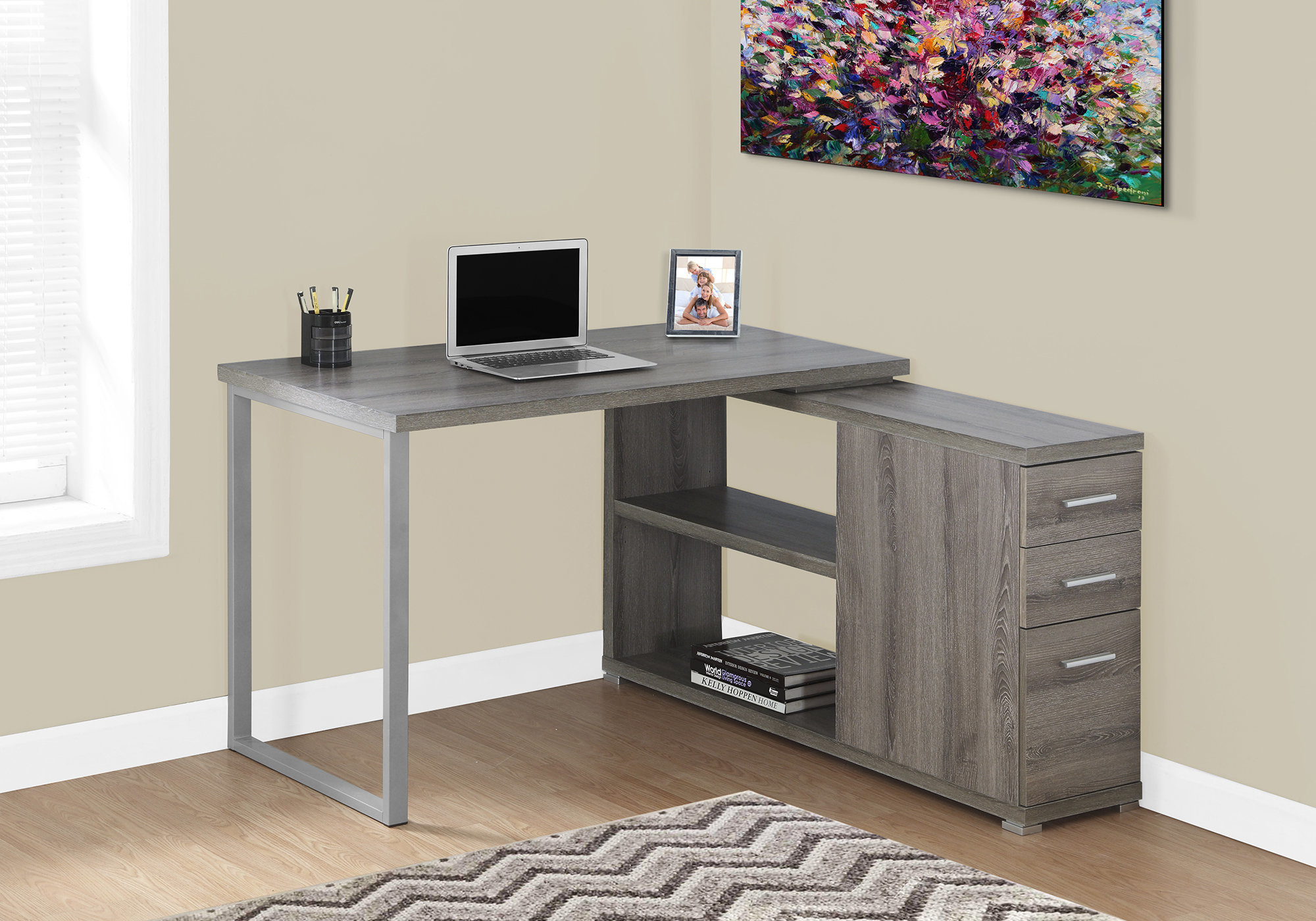 Computer Desk, Home Office, Corner, Left, Right Set-up, Storage Drawers, L Shape, Work, Laptop, Brown Laminate, Grey Metal, Contemporary, Modern