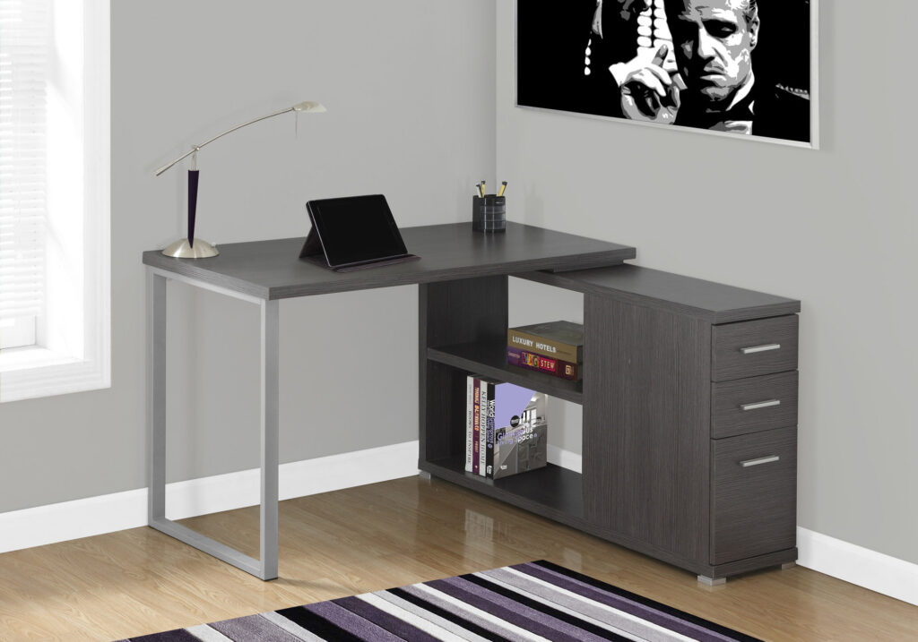Computer Desk, Home Office, Corner, Left, Right Set-up, Storage Drawers, L Shape, Work, Laptop, Grey Laminate, Metal, Contemporary, Modern