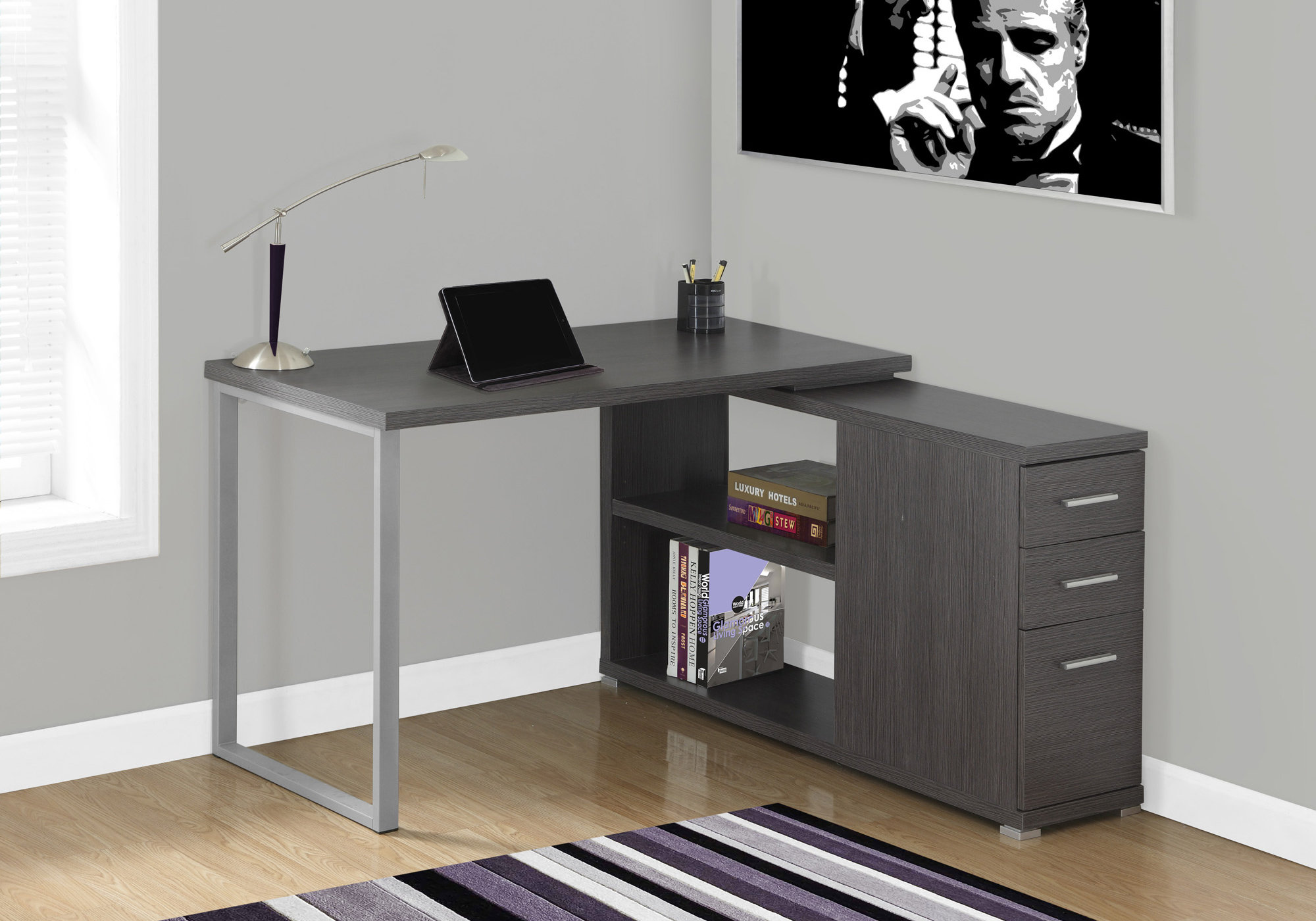 Computer Desk, Home Office, Corner, Left, Right Set-up, Storage Drawers, L Shape, Work, Laptop, Grey Laminate, Metal, Contemporary, Modern