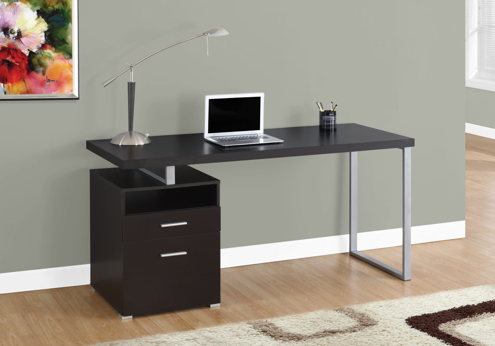 Computer Desk, Home Office, Laptop, Left, Right Set-up, Storage Drawers, 60″L, Work, Brown Laminate, Grey Metal, Contemporary, Modern