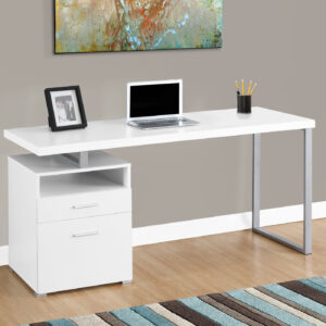 Computer Desk, Home Office, Laptop, Left, Right Set-up, Storage Drawers, 60"L, Work, White Laminate, Grey Metal, Contemporary, Modern