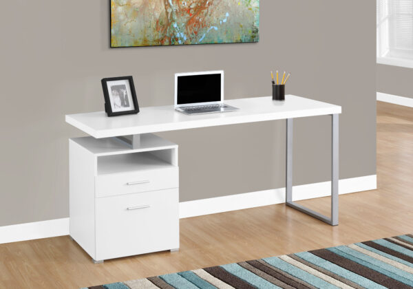 Computer Desk, Home Office, Laptop, Left, Right Set-up, Storage Drawers, 60″L, Work, White Laminate, Grey Metal, Contemporary, Modern