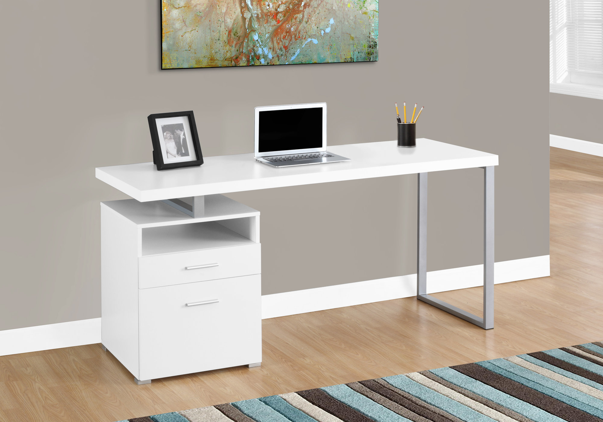 Computer Desk, Home Office, Laptop, Left, Right Set-up, Storage Drawers, 60″L, Work, White Laminate, Grey Metal, Contemporary, Modern