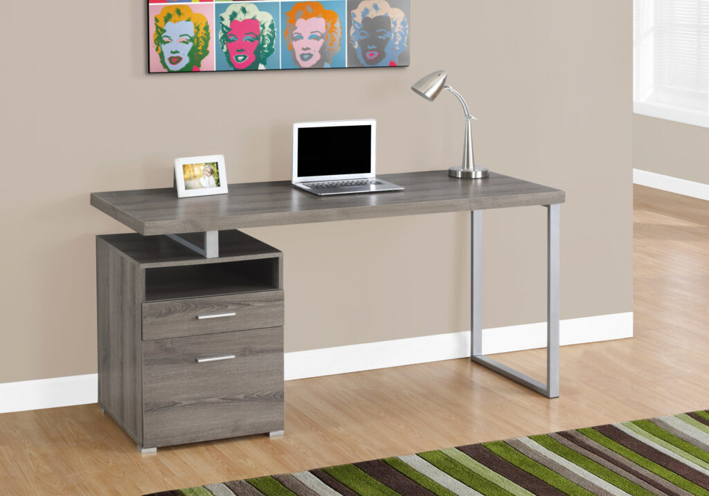 Computer Desk, Home Office, Laptop, Left, Right Set-up, Storage Drawers, 60″L, Work, Brown Laminate, Grey Metal, Contemporary, Modern