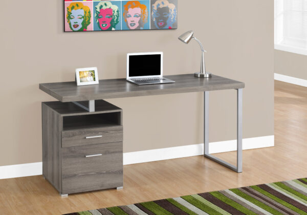 Computer Desk, Home Office, Laptop, Left, Right Set-up, Storage Drawers, 60″L, Work, Brown Laminate, Grey Metal, Contemporary, Modern