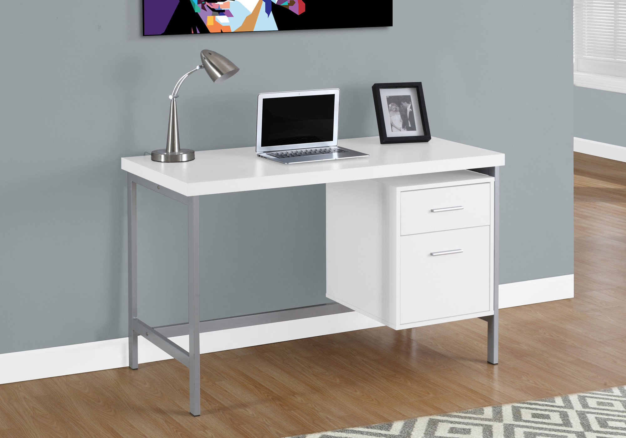 Computer Desk, Home Office, Laptop, Left, Right Set-up, Storage Drawers, 48″L, Work, White Laminate, Grey Metal, Contemporary, Modern