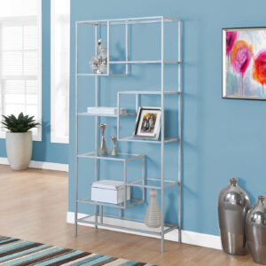 Bookshelf, Bookcase, Etagere, 72"H, Office, Bedroom, Clear Tempered Glass, Grey Metal, Contemporary, Modern