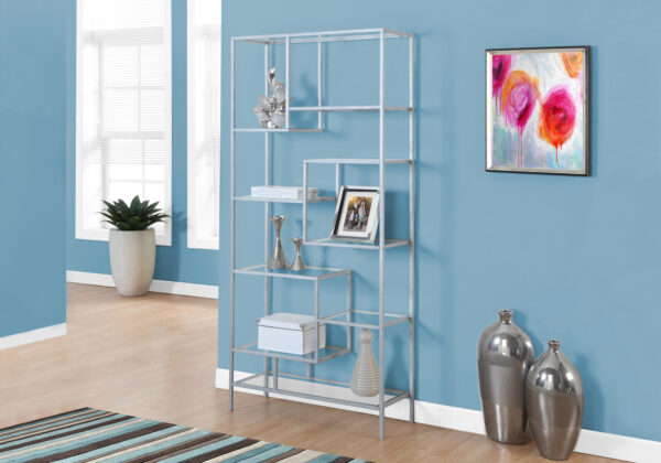 Bookshelf, Bookcase, Etagere, 72″H, Office, Bedroom, Clear Tempered Glass, Grey Metal, Contemporary, Modern