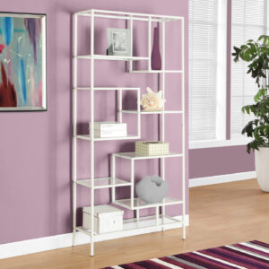 Bookshelf, Bookcase, Etagere, 72"H, Office, Bedroom, Clear Tempered Glass, White Metal, Contemporary, Modern