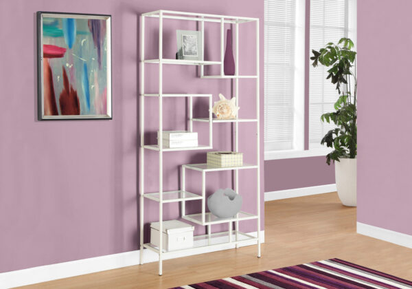Bookshelf, Bookcase, Etagere, 72″H, Office, Bedroom, Clear Tempered Glass, White Metal, Contemporary, Modern