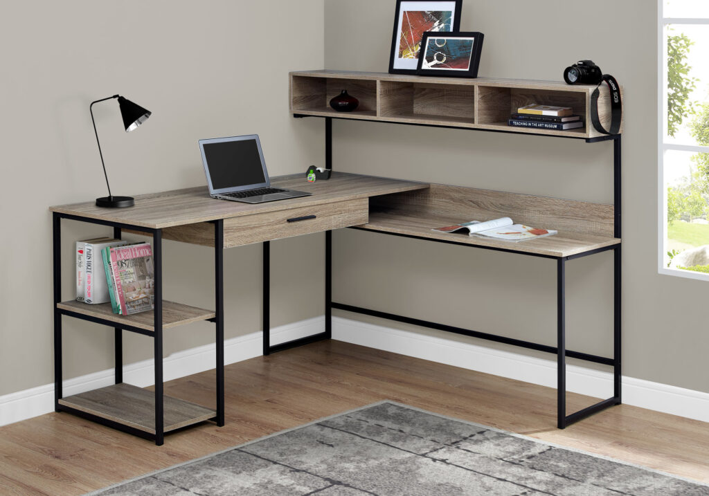 Computer Desk, Home Office, Corner, Storage Drawers, L Shape, Work, Laptop, Brown Laminate, Black Metal, Contemporary, Modern