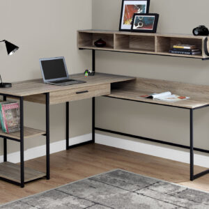 Computer Desk, Home Office, Corner, Storage Drawers, L Shape, Work, Laptop, Brown Laminate, Black Metal, Contemporary, Modern