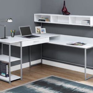 Computer Desk, Home Office, Corner, Storage Drawers, L Shape, Work, Laptop, White Laminate, Grey Metal, Contemporary, Modern
