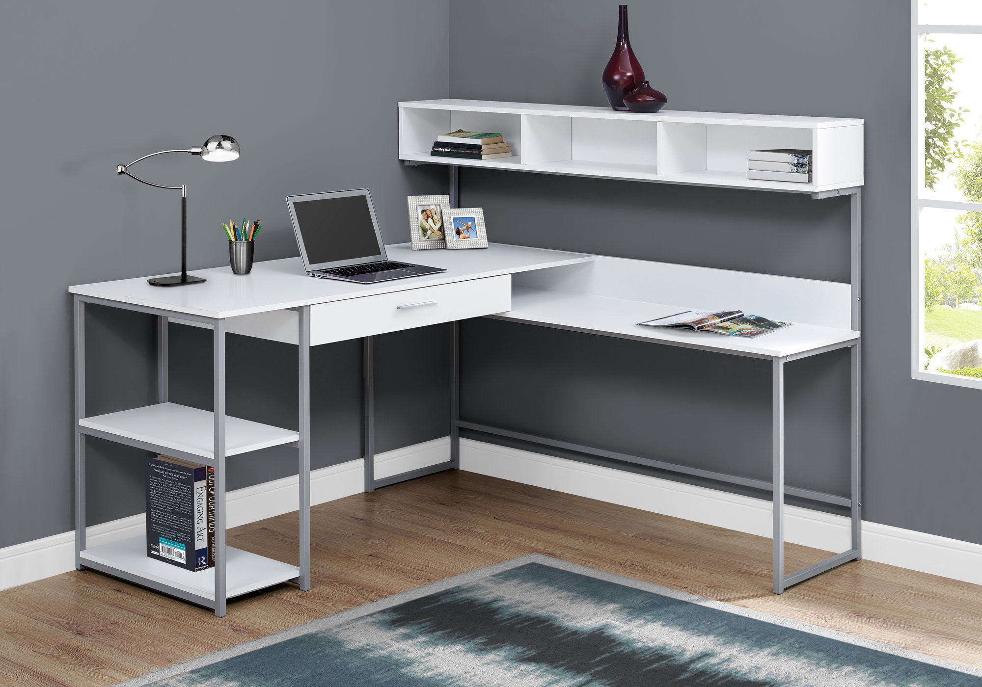Computer Desk, Home Office, Corner, Storage Drawers, L Shape, Work, Laptop, White Laminate, Grey Metal, Contemporary, Modern