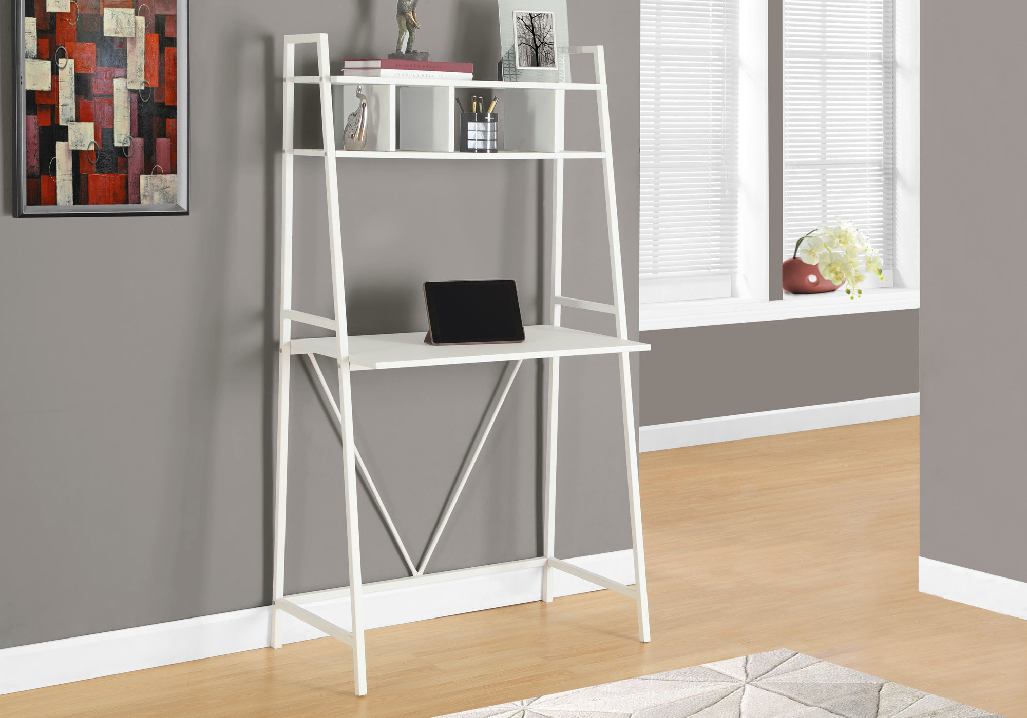 Computer Desk, Home Office, Laptop, Leaning, Storage Shelves, Work, White Laminate, White Laminate, Contemporary, Modern