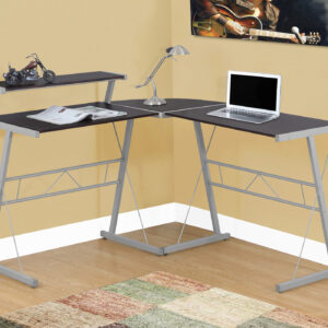 Computer Desk, Home Office, Corner, L Shape, Work, Laptop, Brown Laminate, Grey Metal, Contemporary, Modern