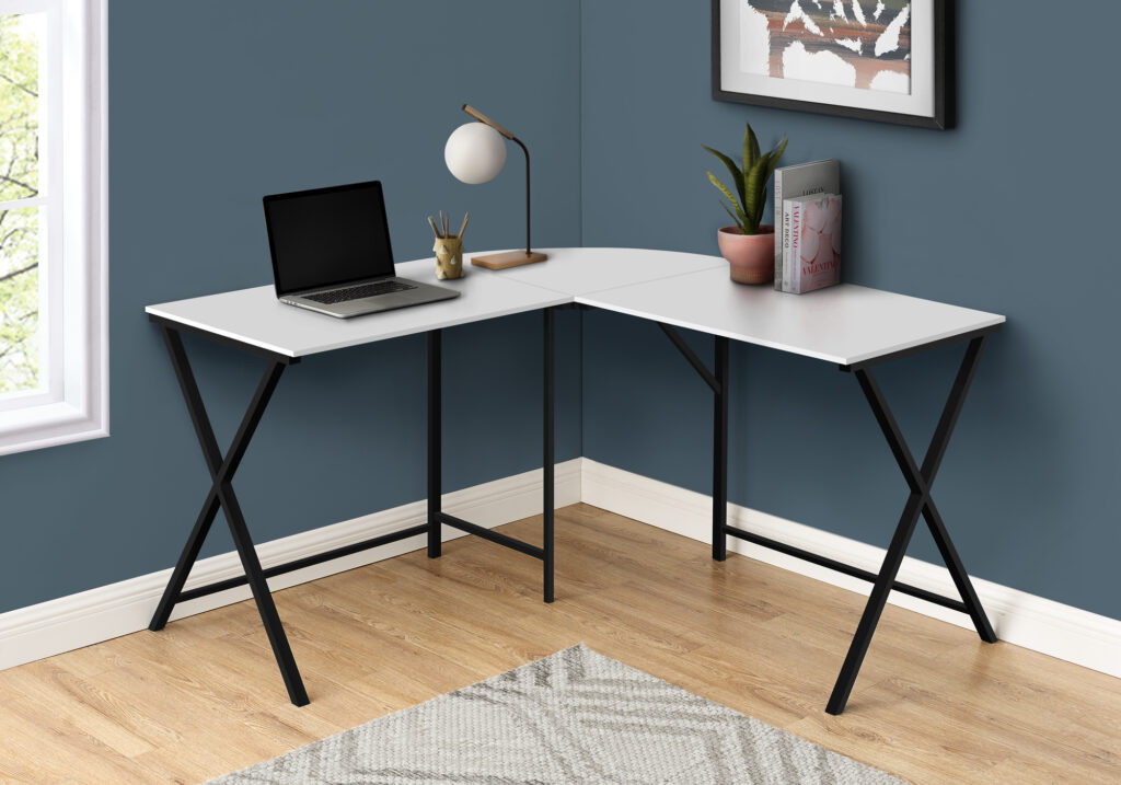 Computer Desk, Home Office, Corner, 55″L, L Shape, Work, Laptop, White Laminate, Black Metal, Contemporary, Modern