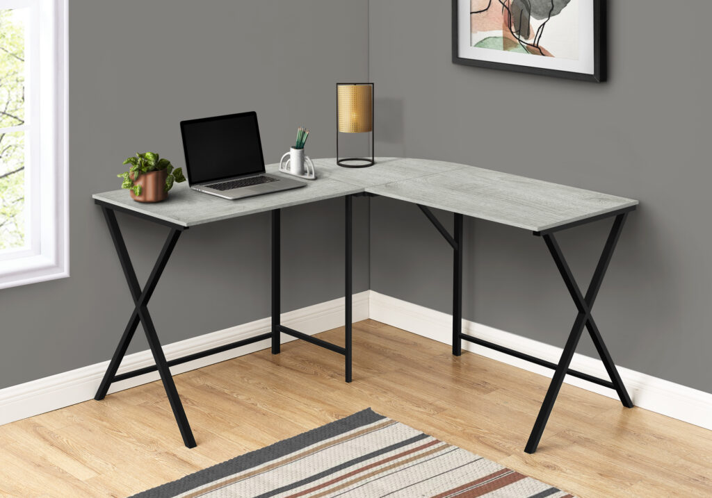 Computer Desk, Home Office, Corner, 55″L, L Shape, Work, Laptop, Grey Laminate, Black Metal, Contemporary, Modern