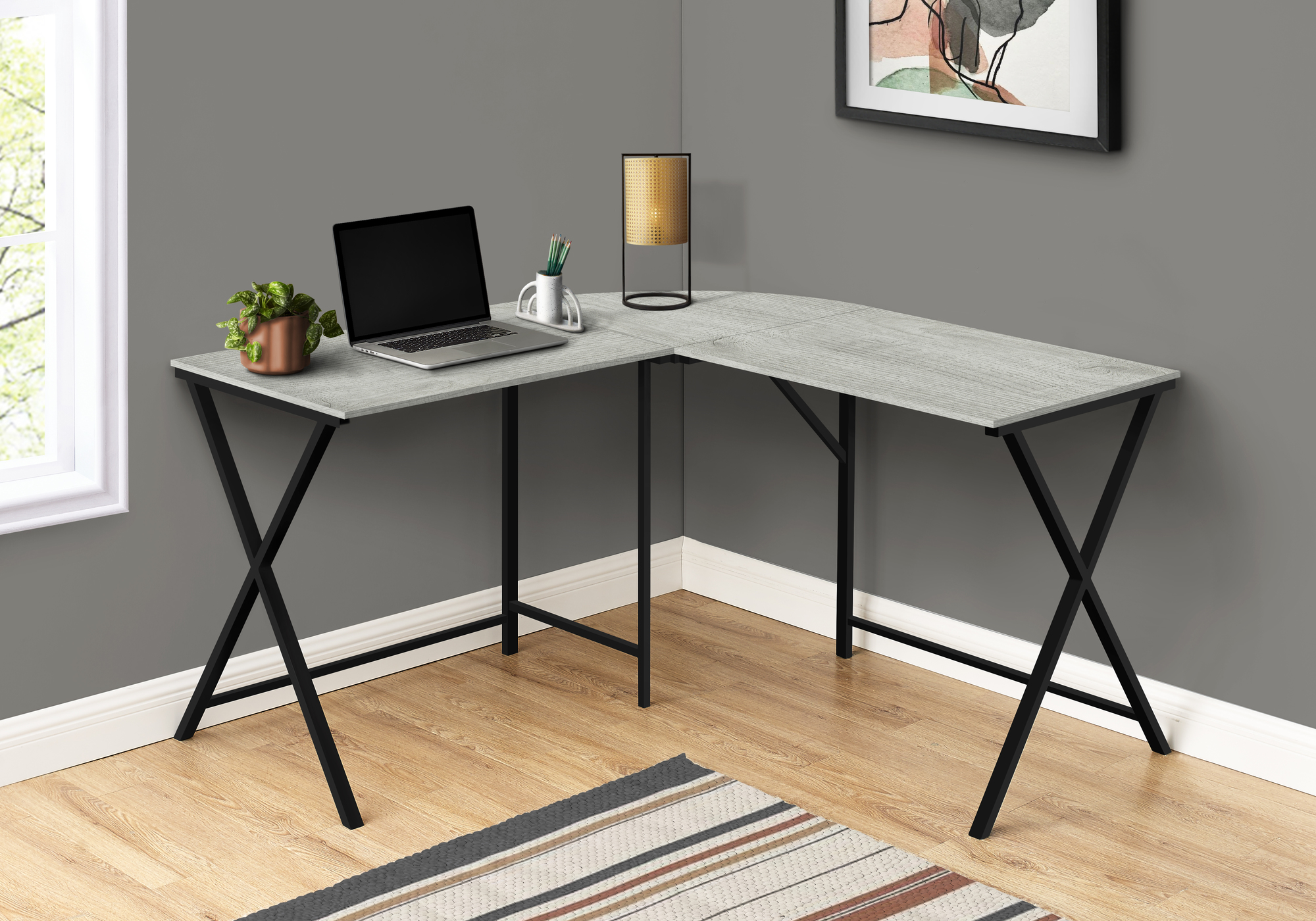 Computer Desk, Home Office, Corner, 55″L, L Shape, Work, Laptop, Grey Laminate, Black Metal, Contemporary, Modern